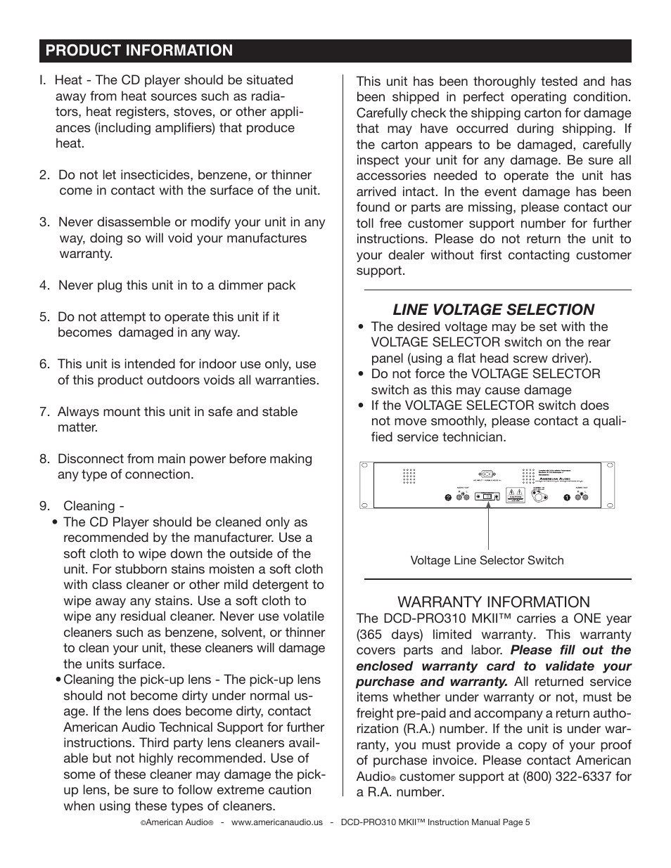 Product information, Line voltage selection, Warranty information | American Audio DCD-PRO310 MKII User Manual | Page 5 / 23