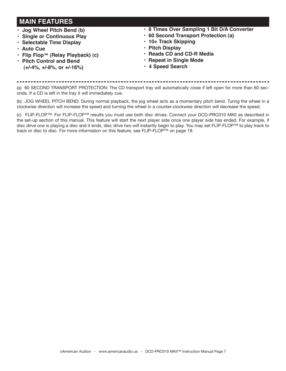 Main features | American Audio DCD-PRO310 MKII User Manual | Page 7 / 23