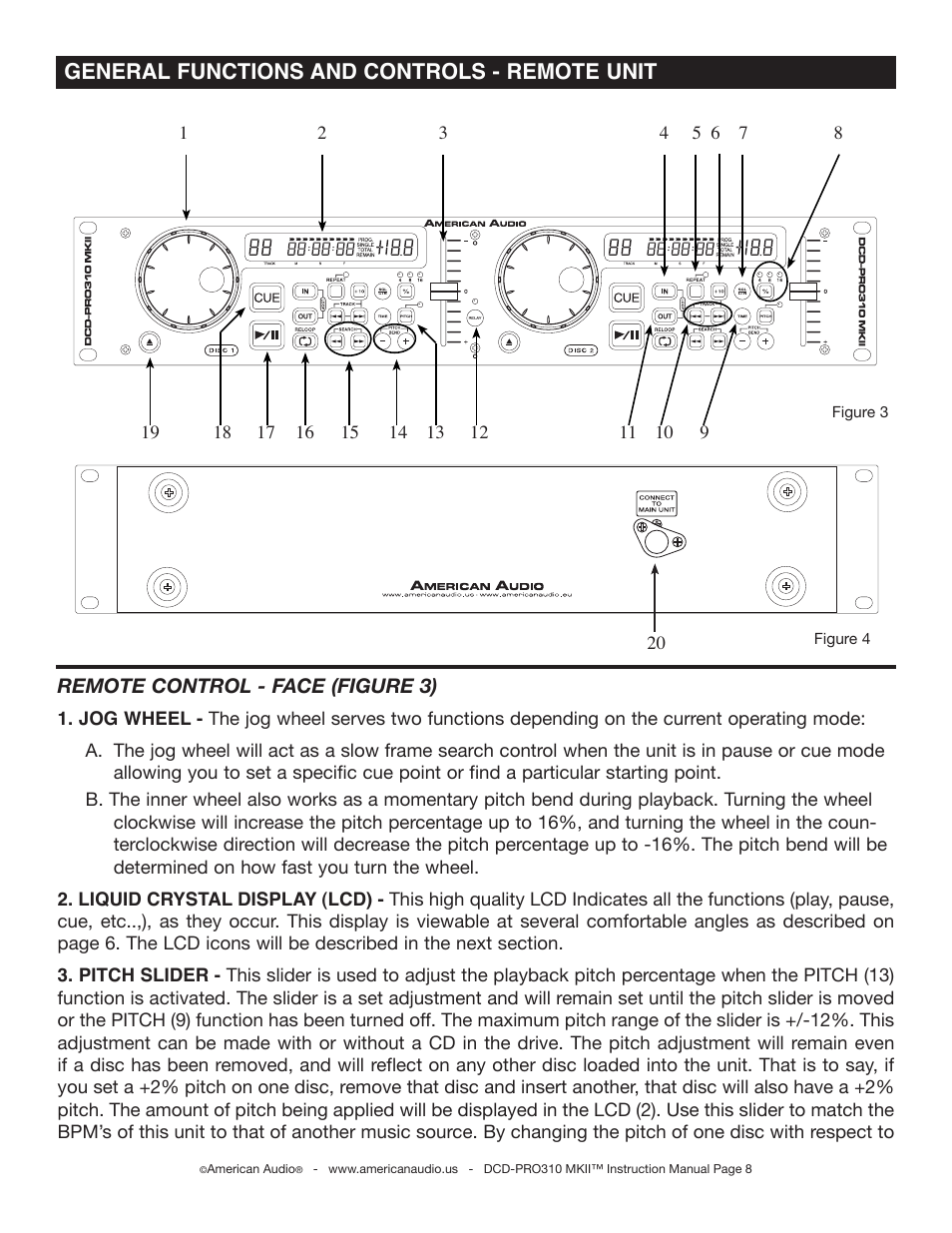 General functions and controls - remote unit | American Audio DCD-PRO310 MKII User Manual | Page 8 / 23