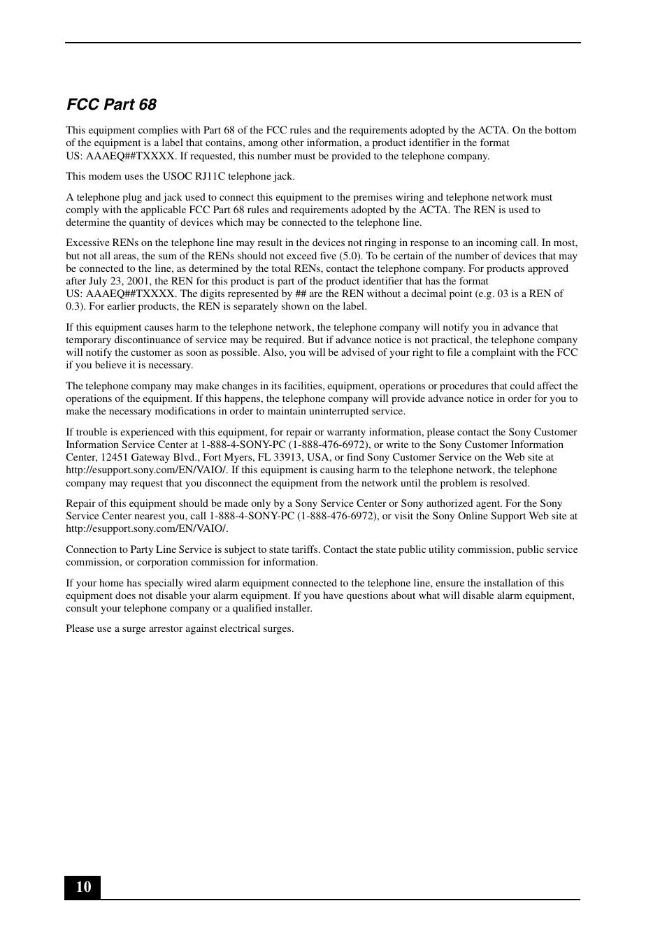 10 fcc part 68 | Sony VGN-N170G User Manual | Page 10 / 20