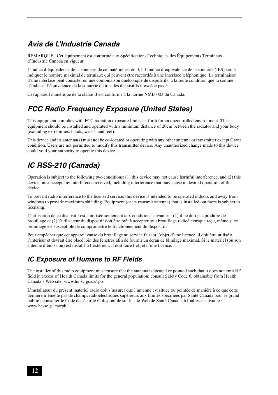 Avis de l’industrie canada, Fcc radio frequency exposure (united states), Ic rss-210 (canada) | Ic exposure of humans to rf fields | Sony VGN-N170G User Manual | Page 12 / 20