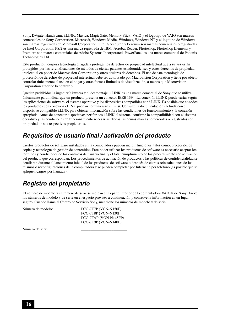 Registro del propietario | Sony VGN-N170G User Manual | Page 16 / 20