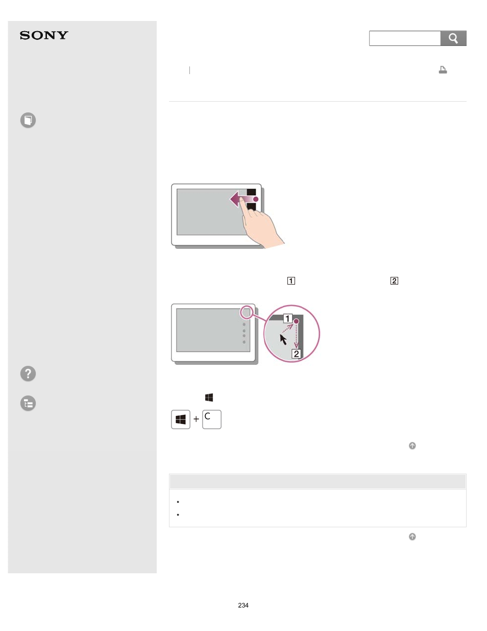 Opening the charms, Opening the, Charms | User guide, How to use, Troubleshooting list of topics, Vaio fit 14e/15e | Sony Vaio SVF1421 User Manual | Page 234 / 450