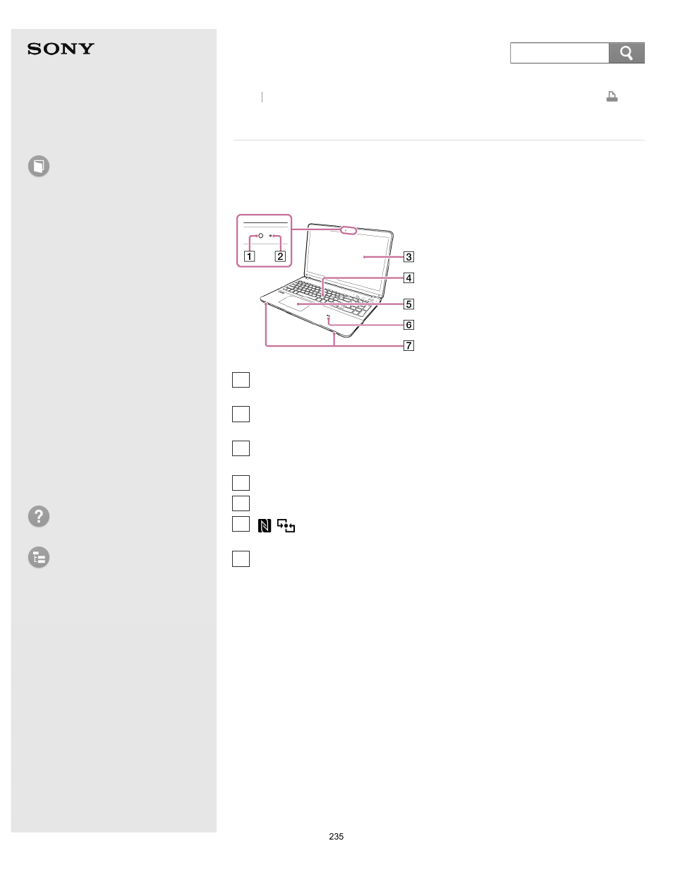 Parts and controls on the front, User guide, How to use | Troubleshooting list of topics, Vaio fit 14e/15e, Search | Sony Vaio SVF1421 User Manual | Page 235 / 450