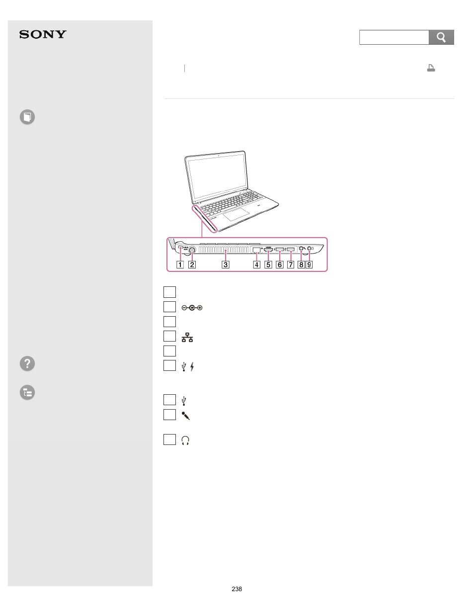 Parts and controls on the sides, User guide, How to use | Troubleshooting list of topics, Vaio fit 14e/15e, Search | Sony Vaio SVF1421 User Manual | Page 238 / 450