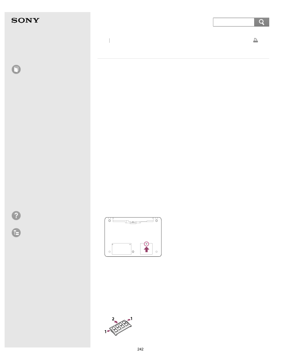Adding and removing memory modules, User guide, How to use | Troubleshooting list of topics, Vaio fit 14e/15e | Sony Vaio SVF1421 User Manual | Page 242 / 450