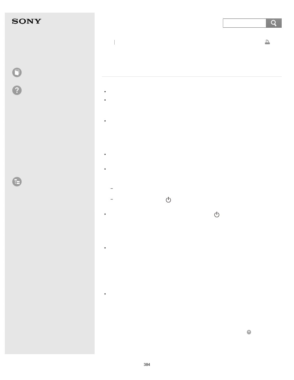 Power button but the screen remains blank, The power button but the screen remains blank, Search | User guide, How to use troubleshooting, List of topics | Sony Vaio SVF1421 User Manual | Page 384 / 450