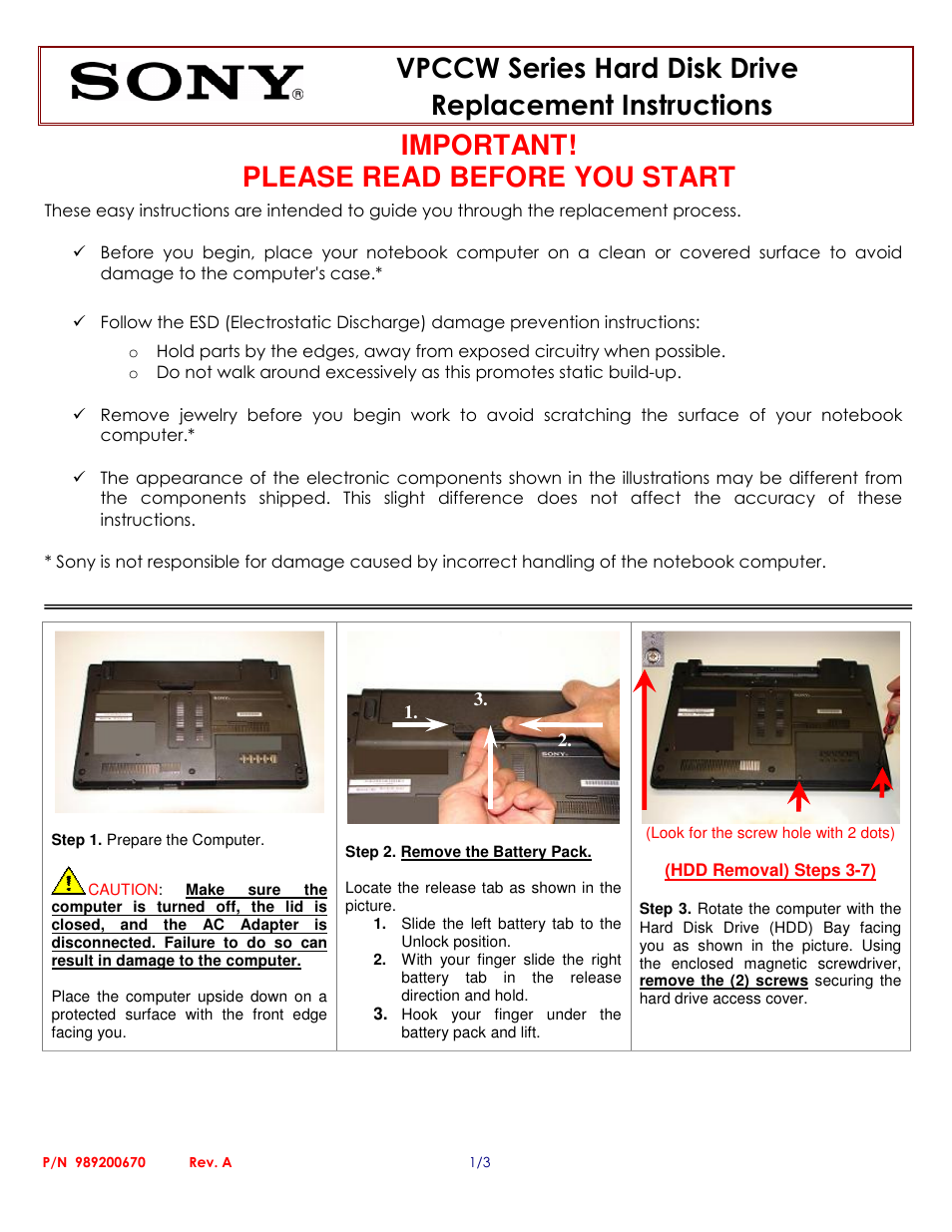 Sony VPCCW Series Hard Disk Drive (Replacement Instructions) User Manual | 3 pages