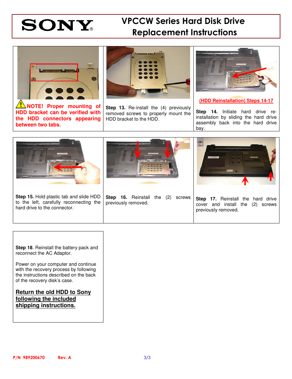 Sony VPCCW Series Hard Disk Drive (Replacement Instructions) User Manual | Page 3 / 3