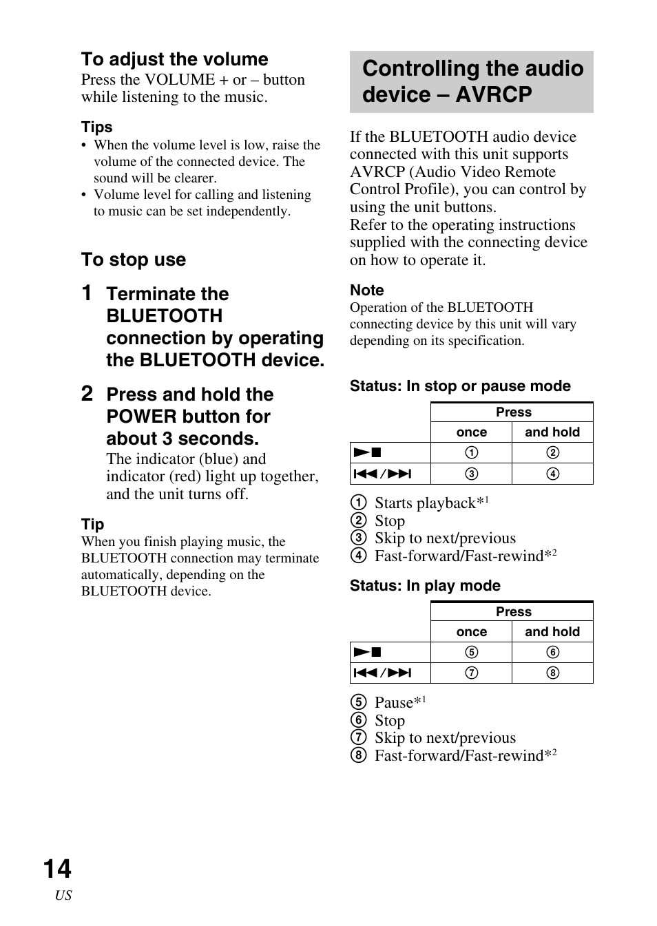 Controlling the audio device – avrcp, Controlling the audio, Device – avrcp | Sony DR-BT30Q User Manual | Page 14 / 56