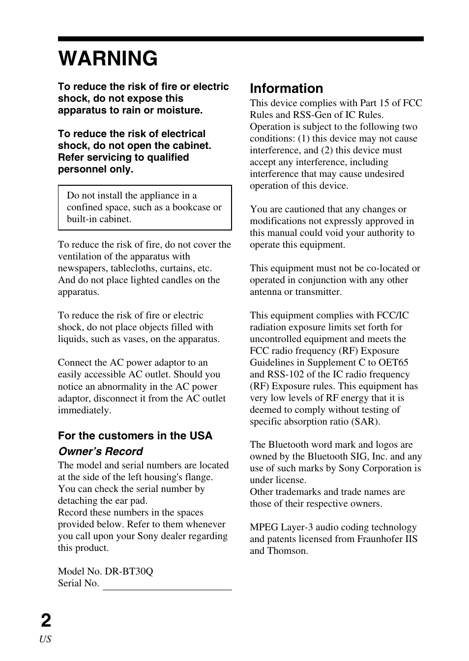 Operating instructions, Warning, Information | Sony DR-BT30Q User Manual | Page 2 / 56