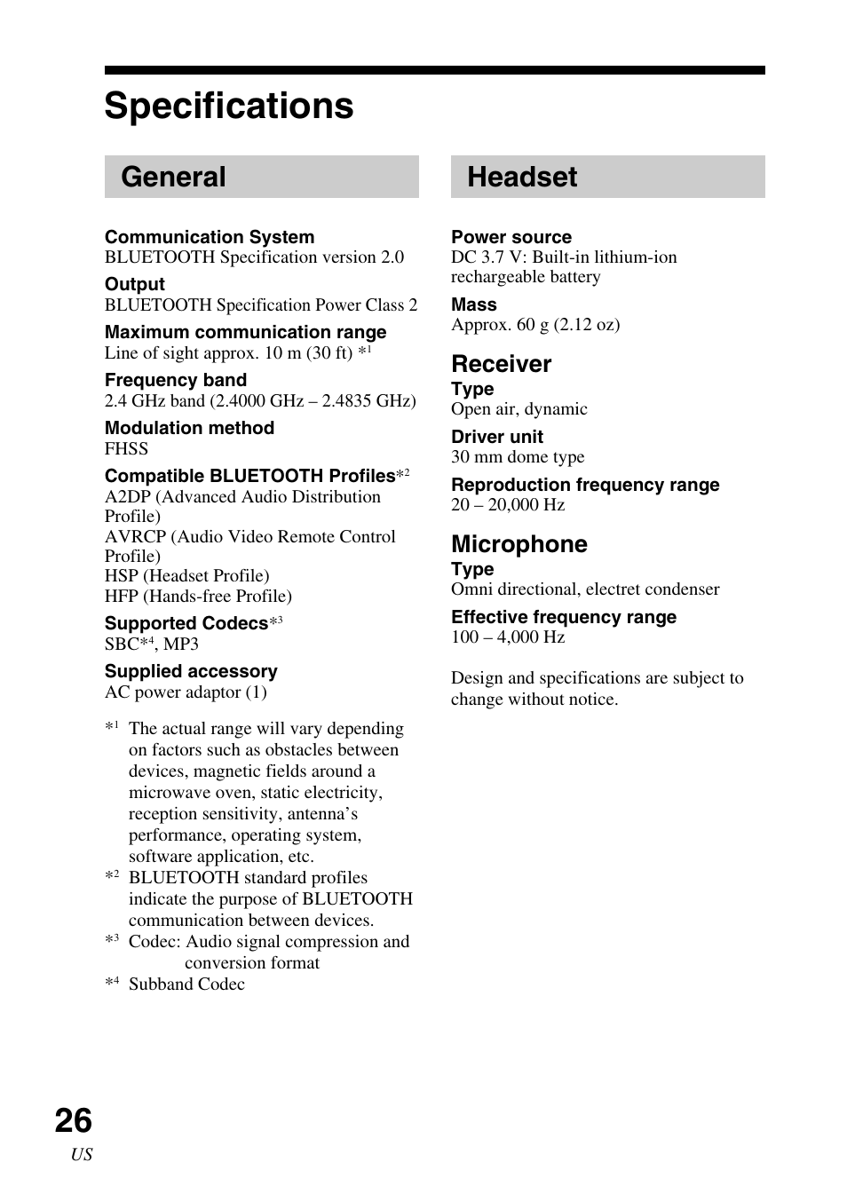 Specifications, General, Headset | Receiver, Microphone | Sony DR-BT30Q User Manual | Page 26 / 56