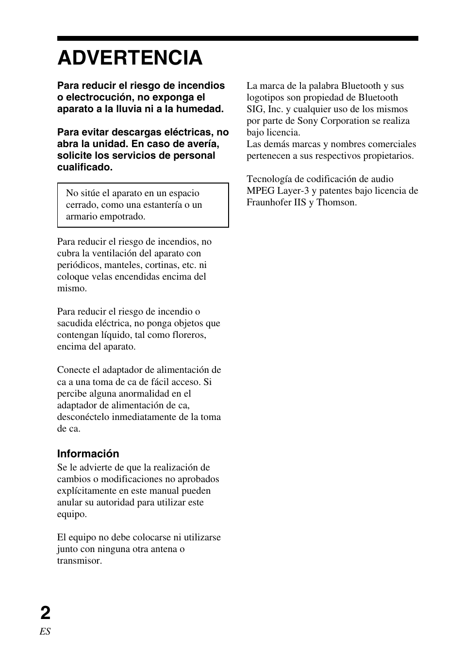 Manual de instrucciones, Advertencia | Sony DR-BT30Q User Manual | Page 28 / 56