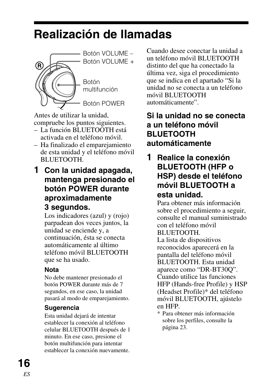 Realización de llamadas, Realización de, Llamadas | Sony DR-BT30Q User Manual | Page 42 / 56