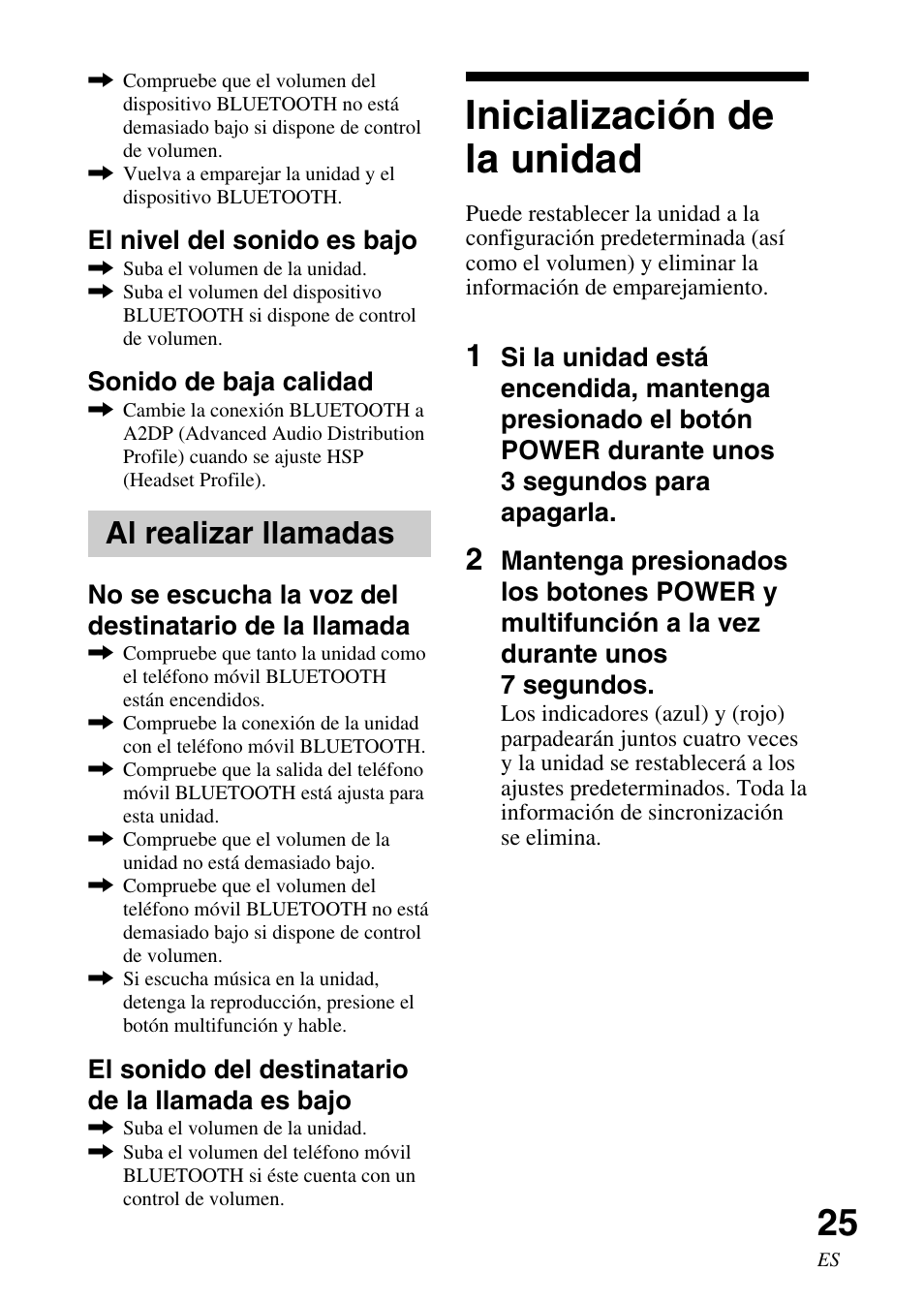 Inicialización de la unidad, Inicialización de la, Unidad | Al realizar llamadas | Sony DR-BT30Q User Manual | Page 51 / 56