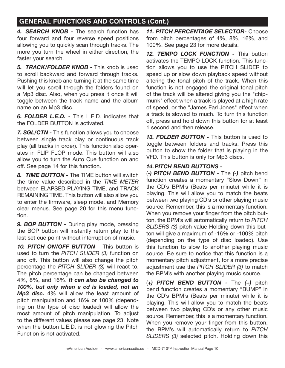 General functions and controls (cont.) | American Audio MCD-710 User Manual | Page 10 / 33