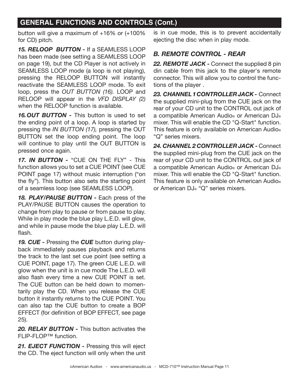 General functions and controls (cont.), B. remote control - rear | American Audio MCD-710 User Manual | Page 11 / 33