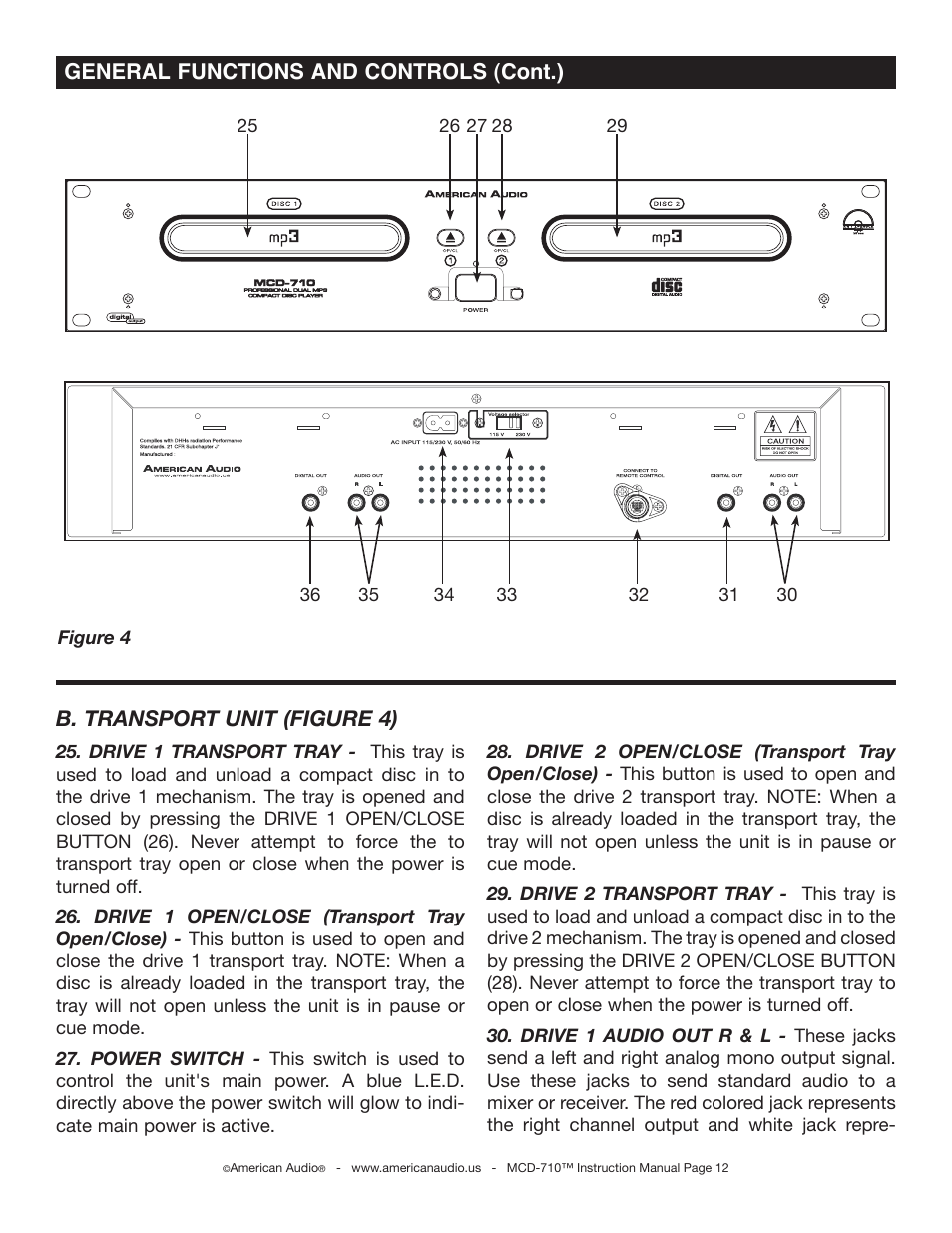 General functions and controls (cont.), B. transport unit (figure 4) | American Audio MCD-710 User Manual | Page 12 / 33