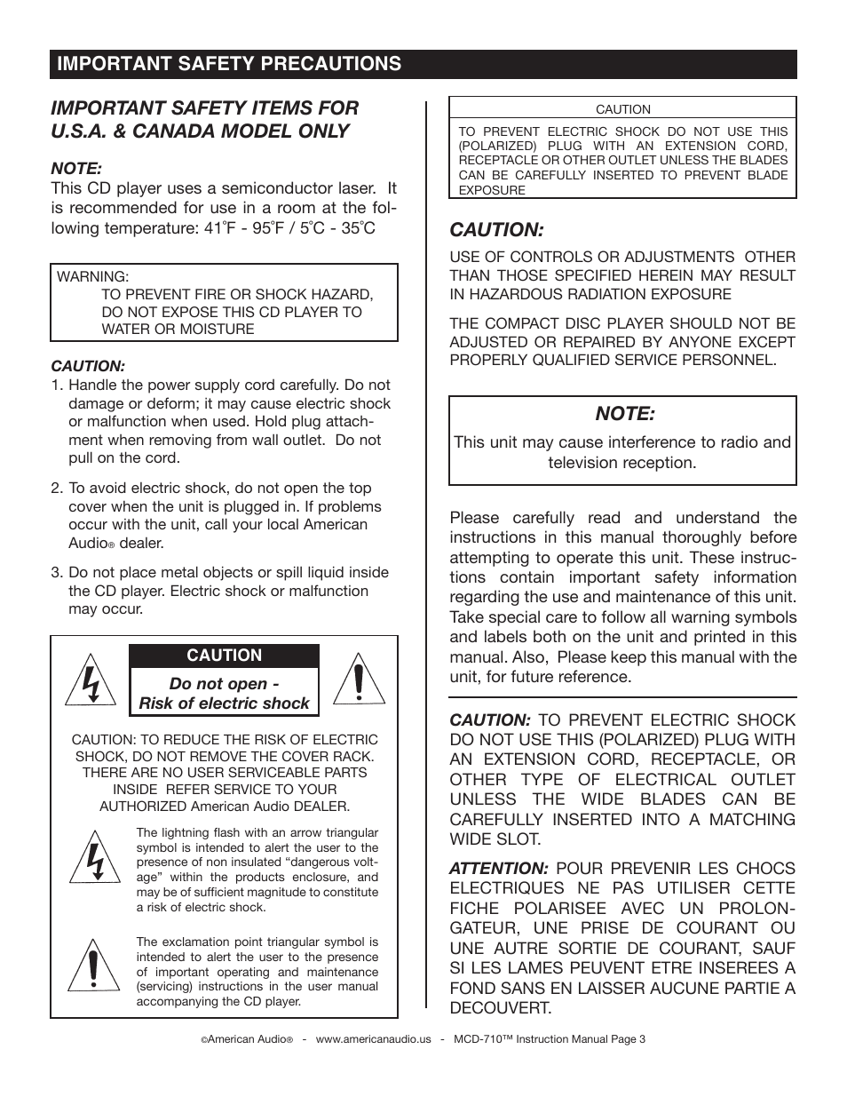 Caution, Important safety precautions | American Audio MCD-710 User Manual | Page 3 / 33