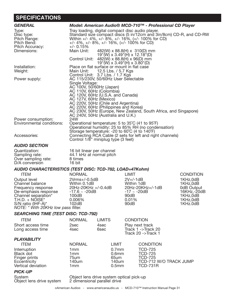 Specifications | American Audio MCD-710 User Manual | Page 31 / 33