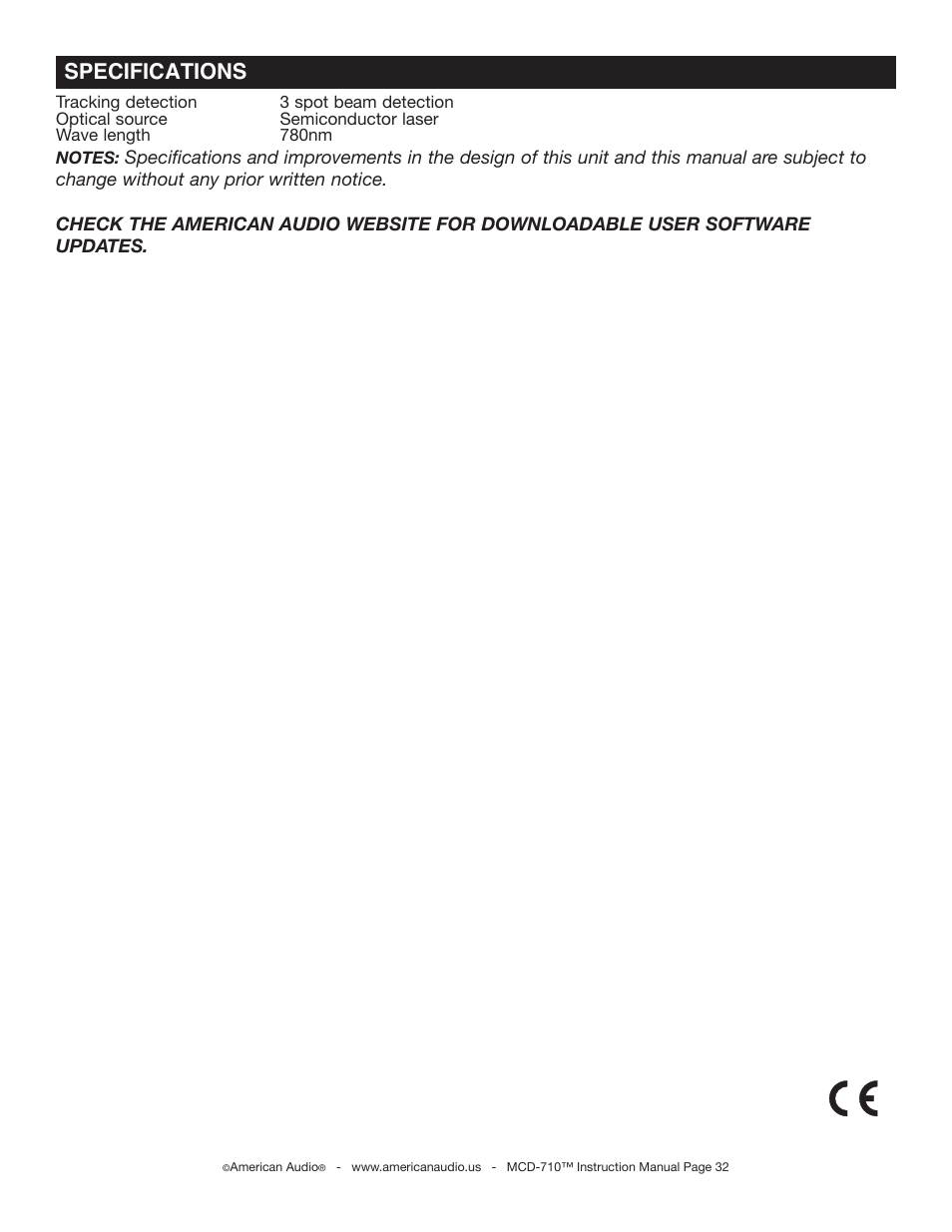 Specifications | American Audio MCD-710 User Manual | Page 32 / 33