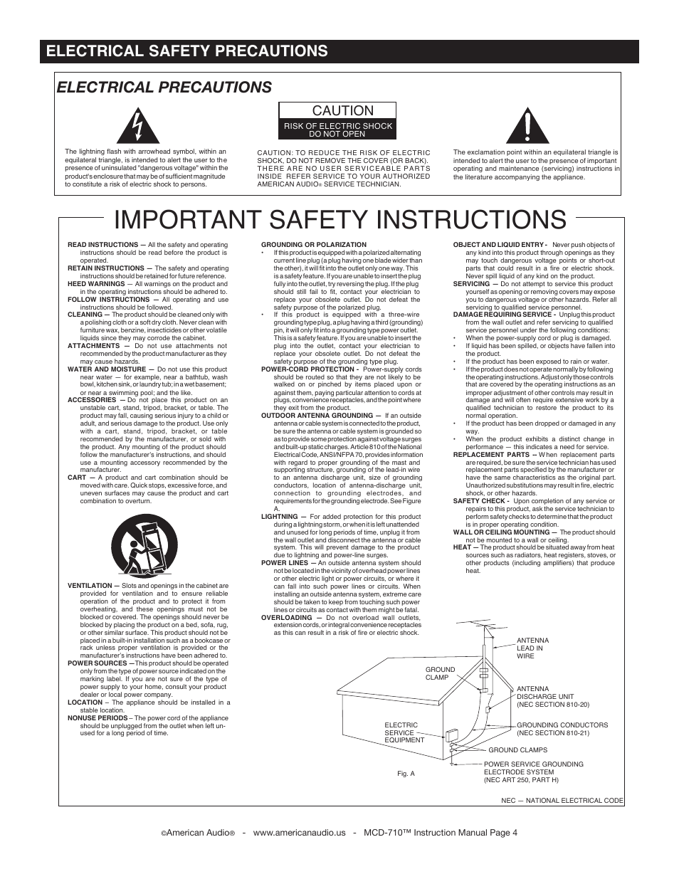 Important safety instructions, Electrical precautions, Electrical safety precautions | Caution | American Audio MCD-710 User Manual | Page 4 / 33