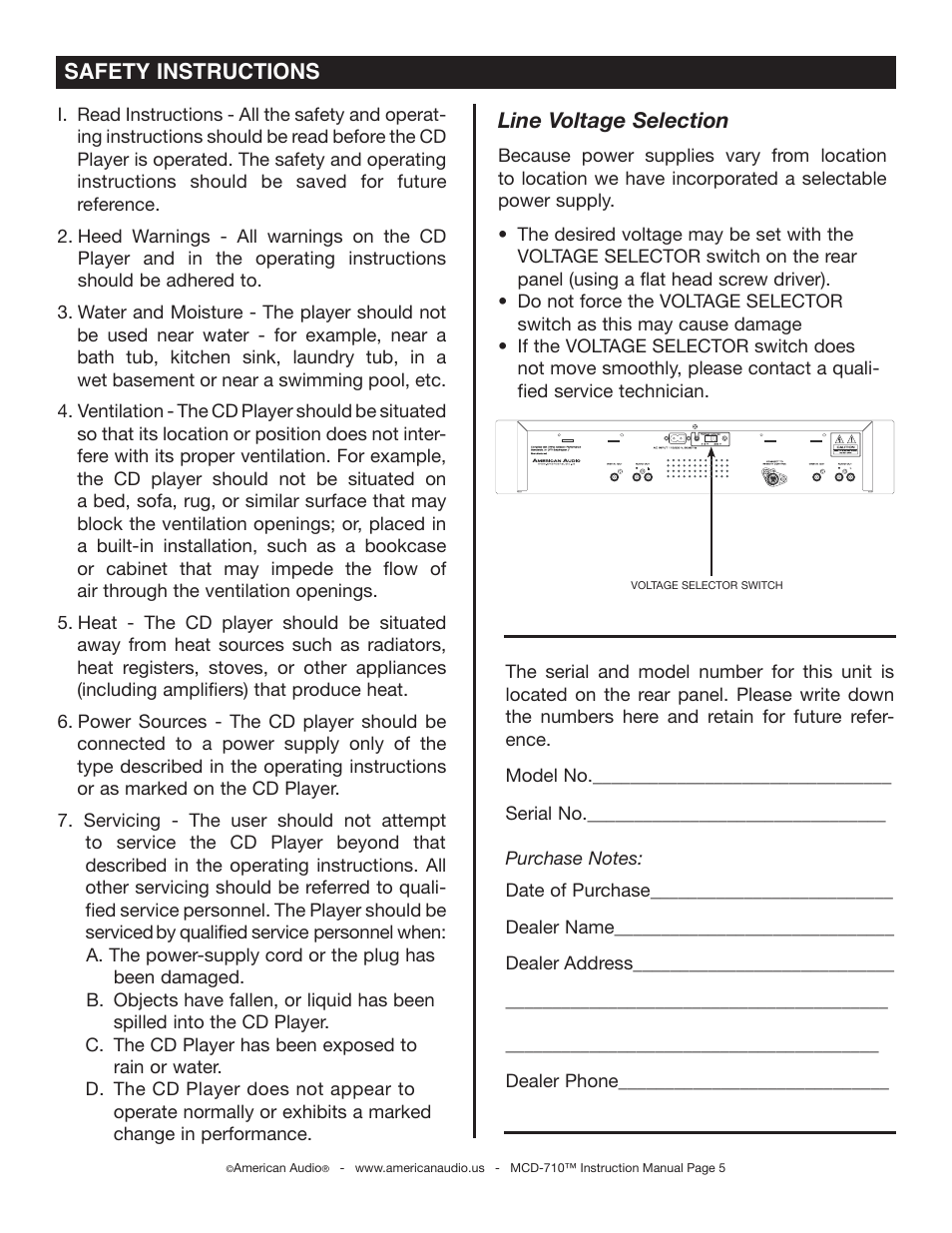 Safety instructions line voltage selection | American Audio MCD-710 User Manual | Page 5 / 33
