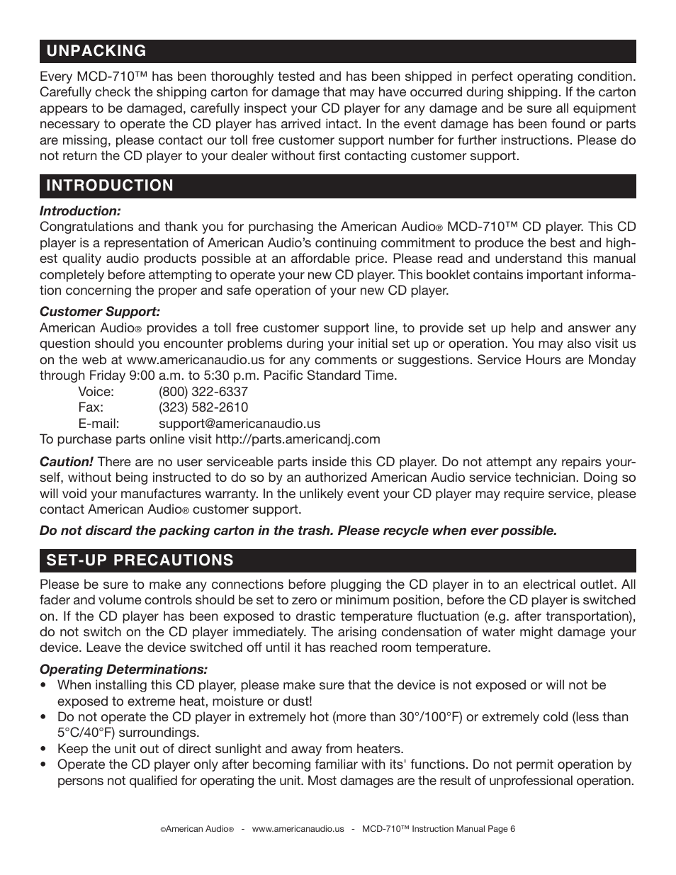 Introduction unpacking, Set-up precautions | American Audio MCD-710 User Manual | Page 6 / 33