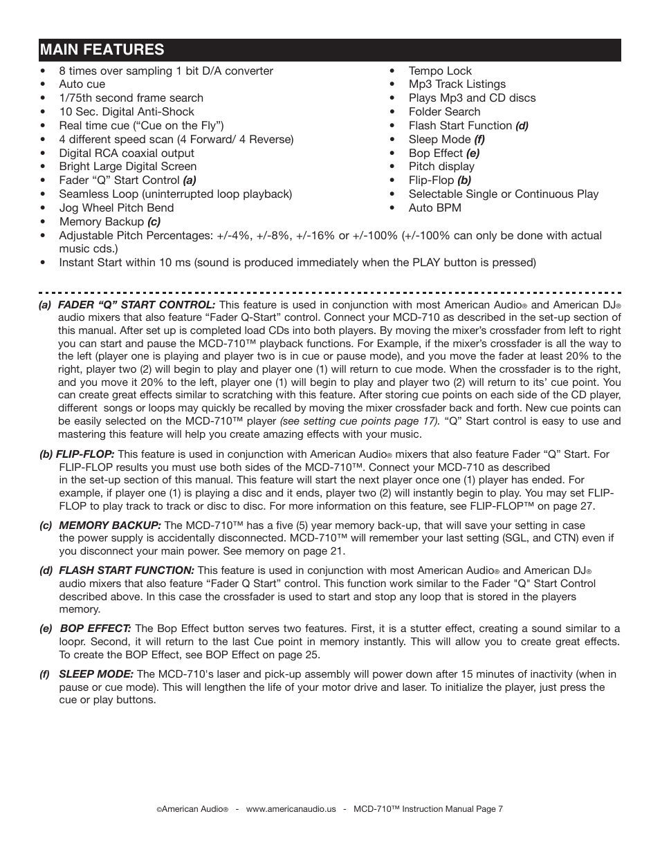 Main features | American Audio MCD-710 User Manual | Page 7 / 33