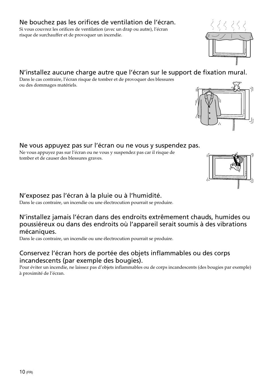 N’exposez pas l’écran à la pluie ou à l’humidité | Sony KDE-50XBR950 User Manual | Page 10 / 44