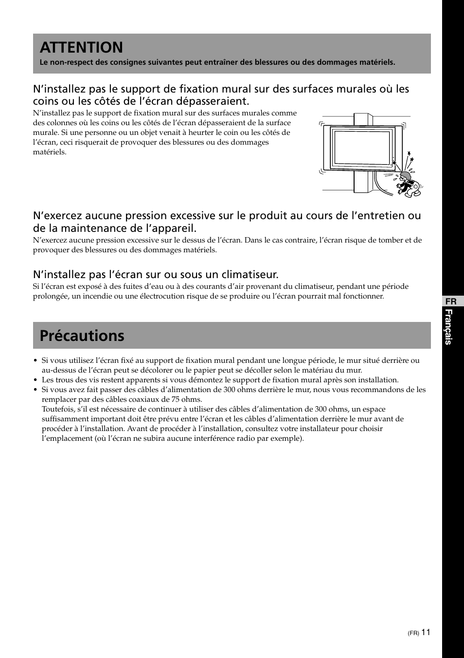 Attention, Précautions | Sony KDE-50XBR950 User Manual | Page 11 / 44