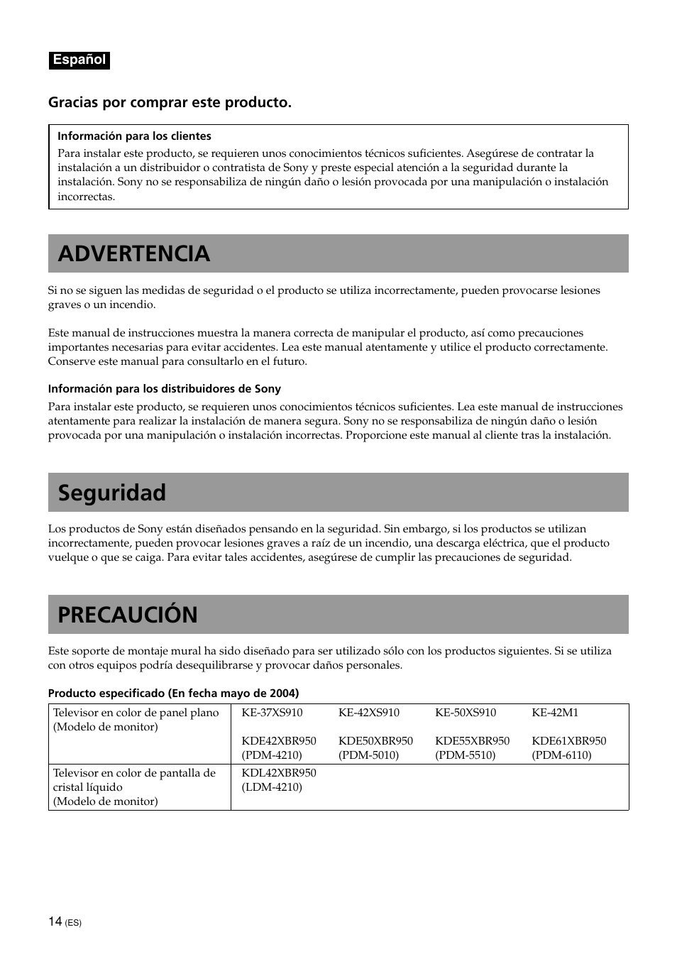 Español(seguridad), Advertencia, Seguridad | Precaución | Sony KDE-50XBR950 User Manual | Page 14 / 44