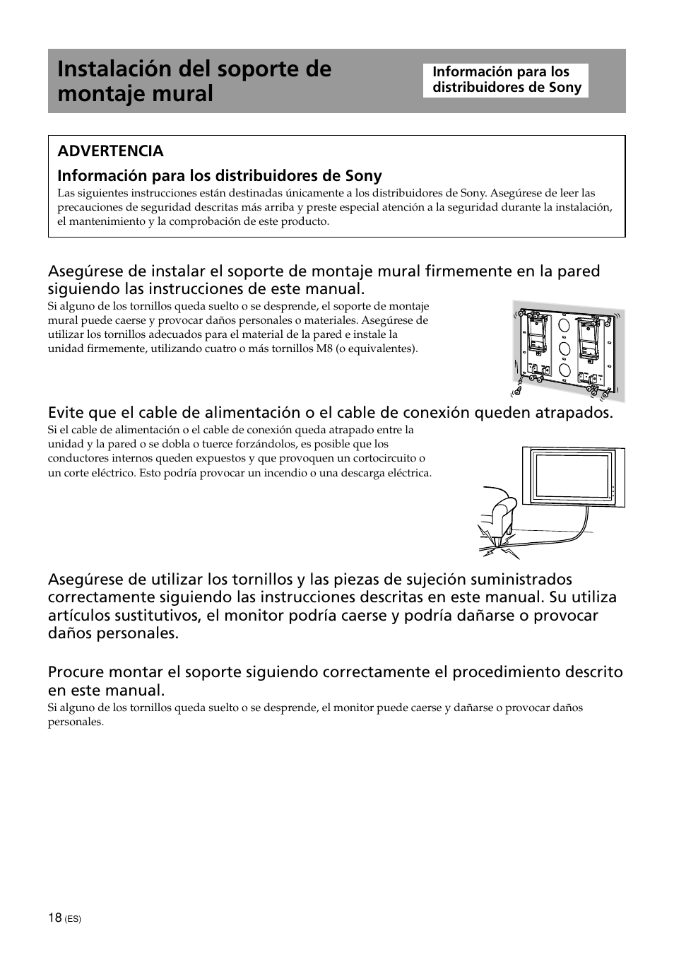 Instalación del soporte de montaje mural | Sony KDE-50XBR950 User Manual | Page 18 / 44