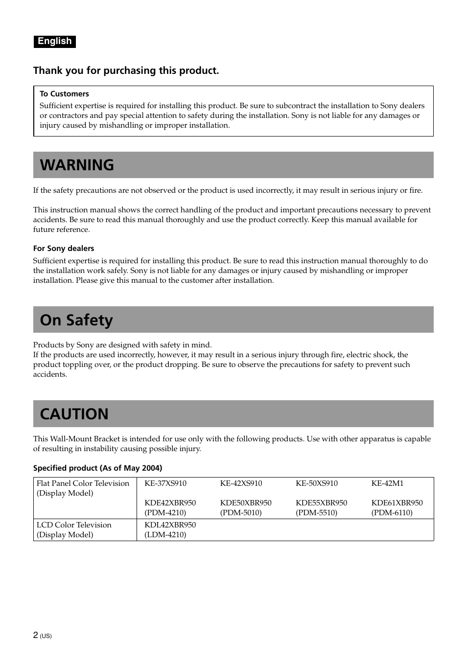 English(on safety), Warning, On safety | Caution | Sony KDE-50XBR950 User Manual | Page 2 / 44