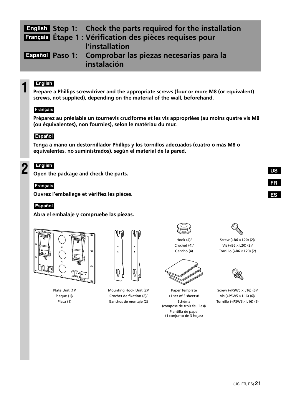 Installation procedure(us/fr/es) | Sony KDE-50XBR950 User Manual | Page 21 / 44