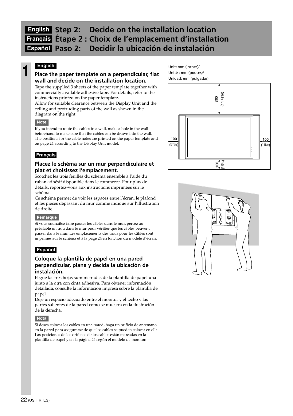 Step 2: decide on the installation location, Étape 2 : choix de l’emplacement d’installation, Paso 2: decidir la ubicación de instalación | English, Français, Español | Sony KDE-50XBR950 User Manual | Page 22 / 44