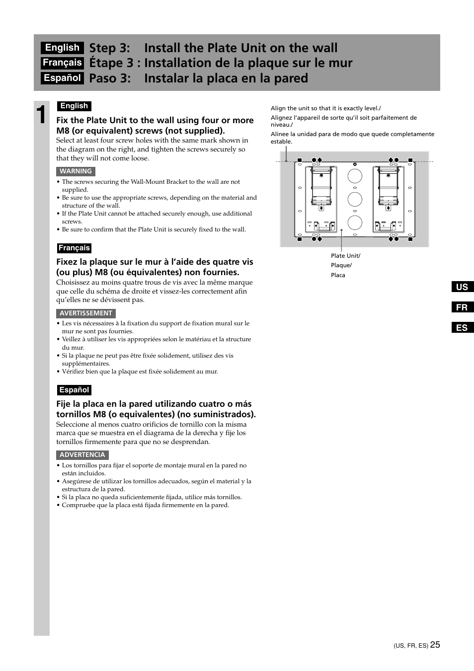 Step 3: install the plate unit on the wall, Étape 3 : installation de la plaque sur le mur, Paso 3: instalar la placa en la pared | English, Français, Español | Sony KDE-50XBR950 User Manual | Page 25 / 44