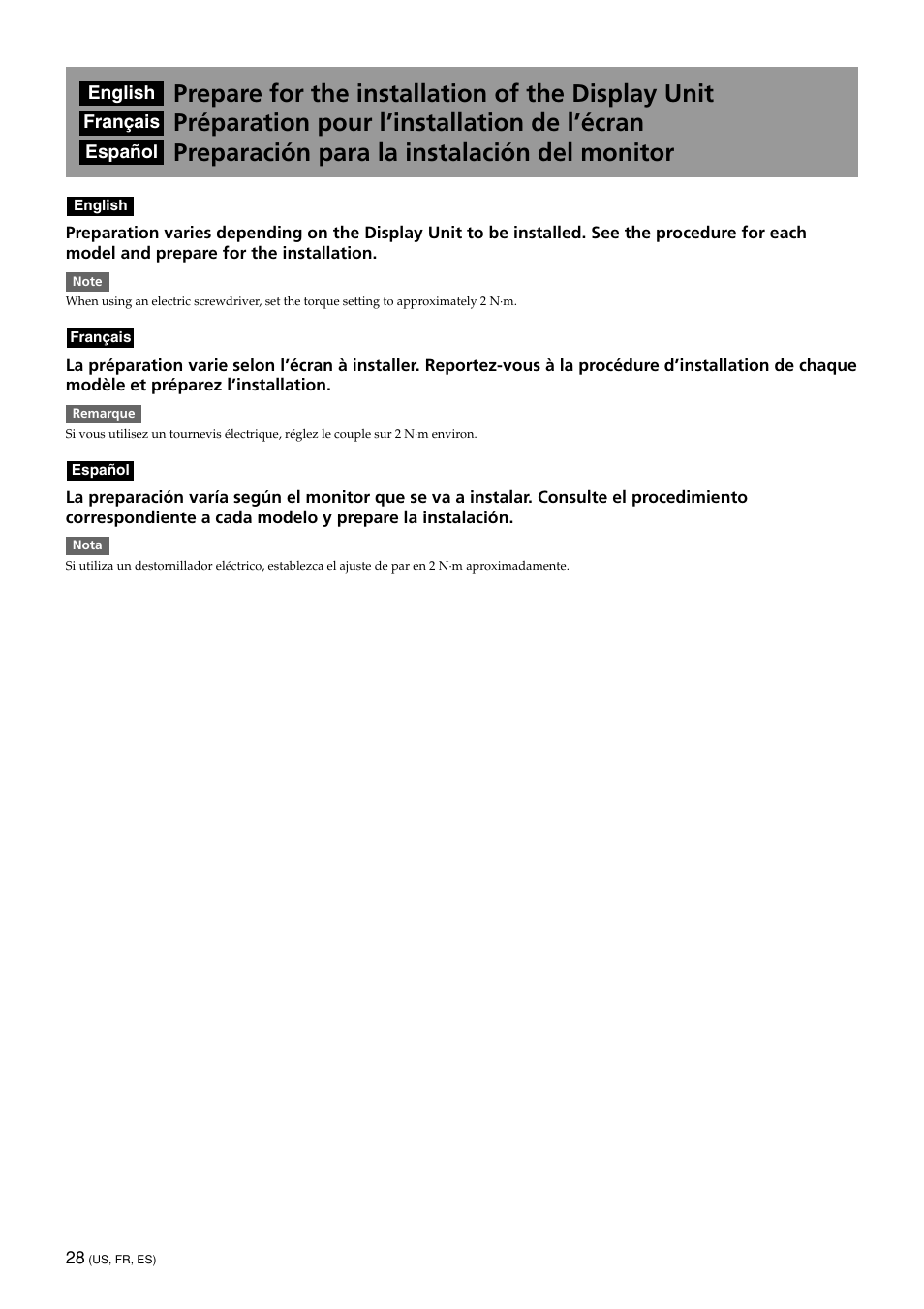 Prepare for the installation of the display unit, Préparation pour l’installation de l’écran, Preparación para la instalación del monitor | Sony KDE-50XBR950 User Manual | Page 28 / 44