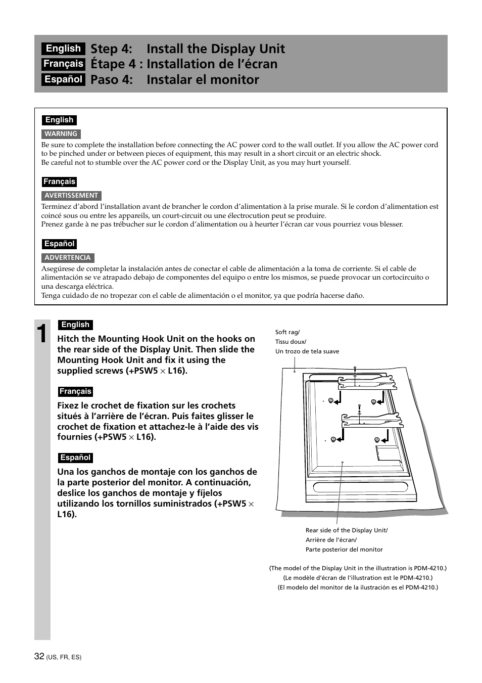 Step 4: install the display unit, Étape 4 : installation de l’écran, Paso 4: instalar el monitor | Sony KDE-50XBR950 User Manual | Page 32 / 44