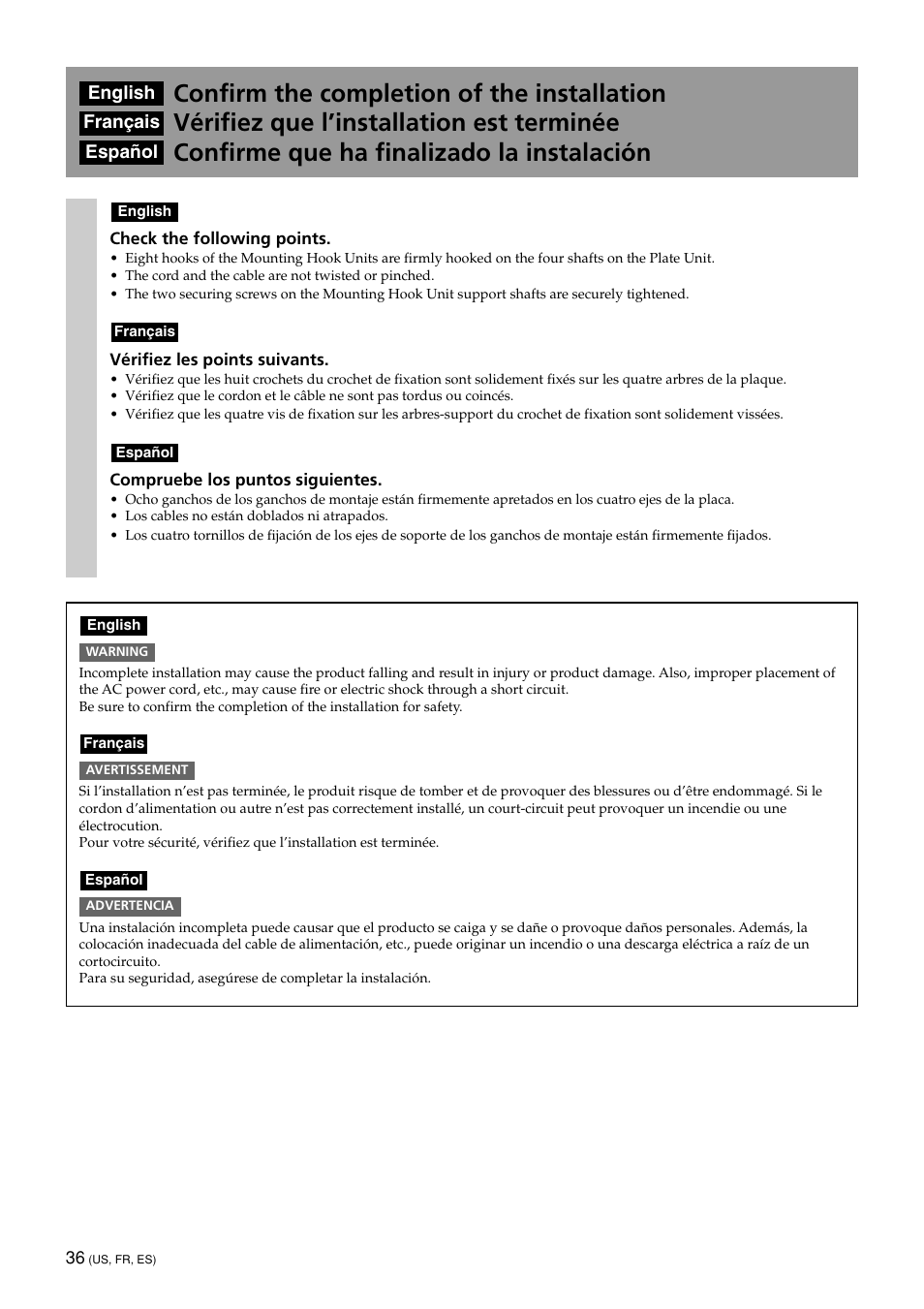 Confirm the completion of the installation, Vérifiez que l’installation est terminée, Confirme que ha finalizado la instalación | Sony KDE-50XBR950 User Manual | Page 36 / 44