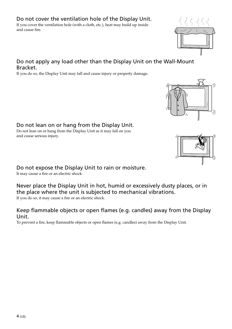 Do not lean on or hang from the display unit, Do not expose the display unit to rain or moisture | Sony KDE-50XBR950 User Manual | Page 4 / 44