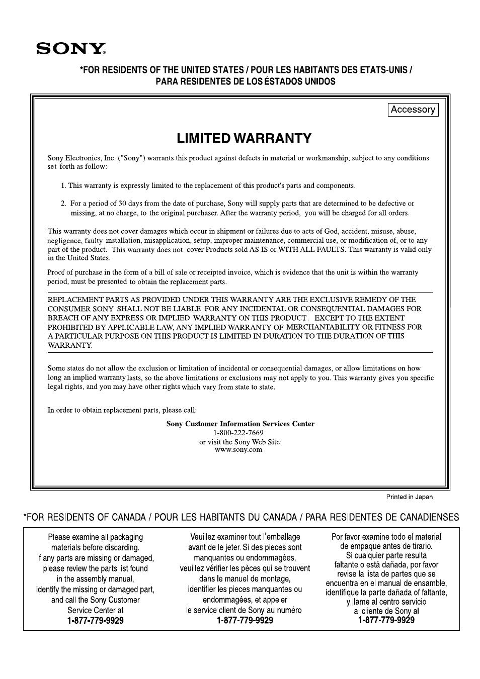 Warranty(us/fr/es) | Sony KDE-50XBR950 User Manual | Page 41 / 44