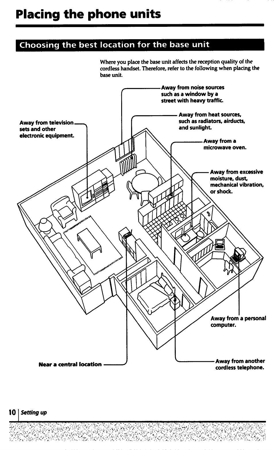 Placing the phone units, Choosing the best location for the base unit | Sony SPP-1000 User Manual | Page 10 / 55