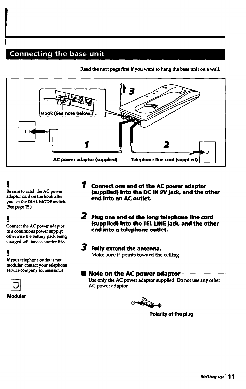 Connecting the base unit, Modular, 3 fully extend the antenna | Note on the ac power adaptor, Polarity of the plug | Sony SPP-1000 User Manual | Page 11 / 55