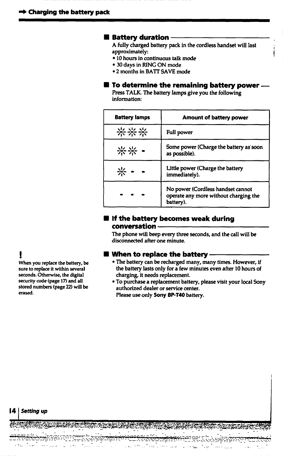 Battery duration, If the battery becomes weak during conversation, When to replace the battery | Sony SPP-1000 User Manual | Page 14 / 55