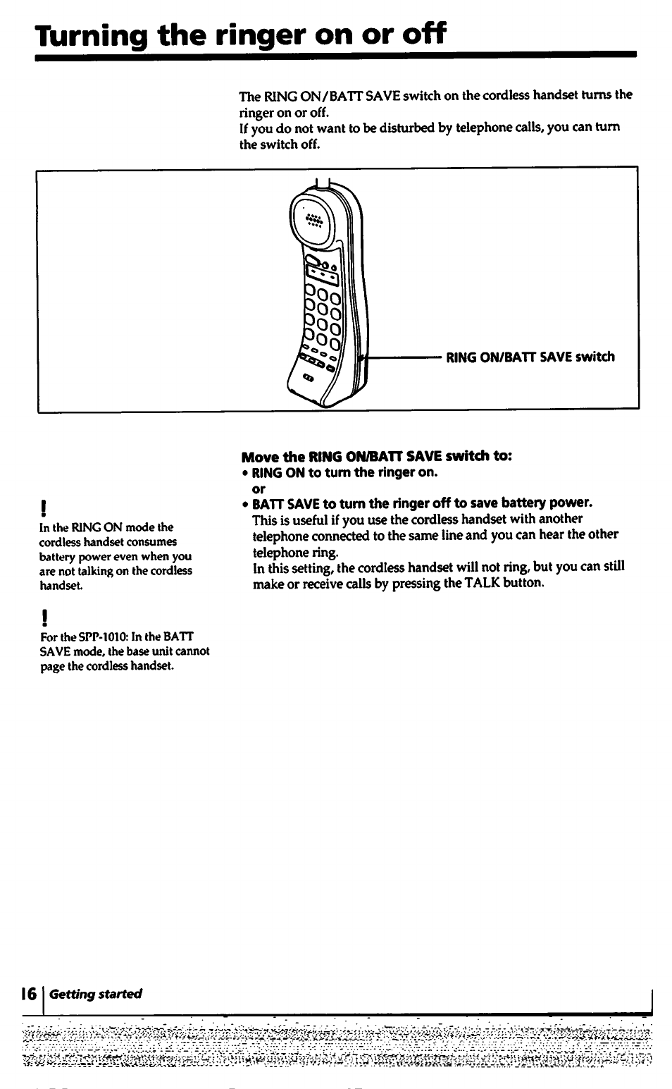 Turning the ringer on or off | Sony SPP-1000 User Manual | Page 16 / 55