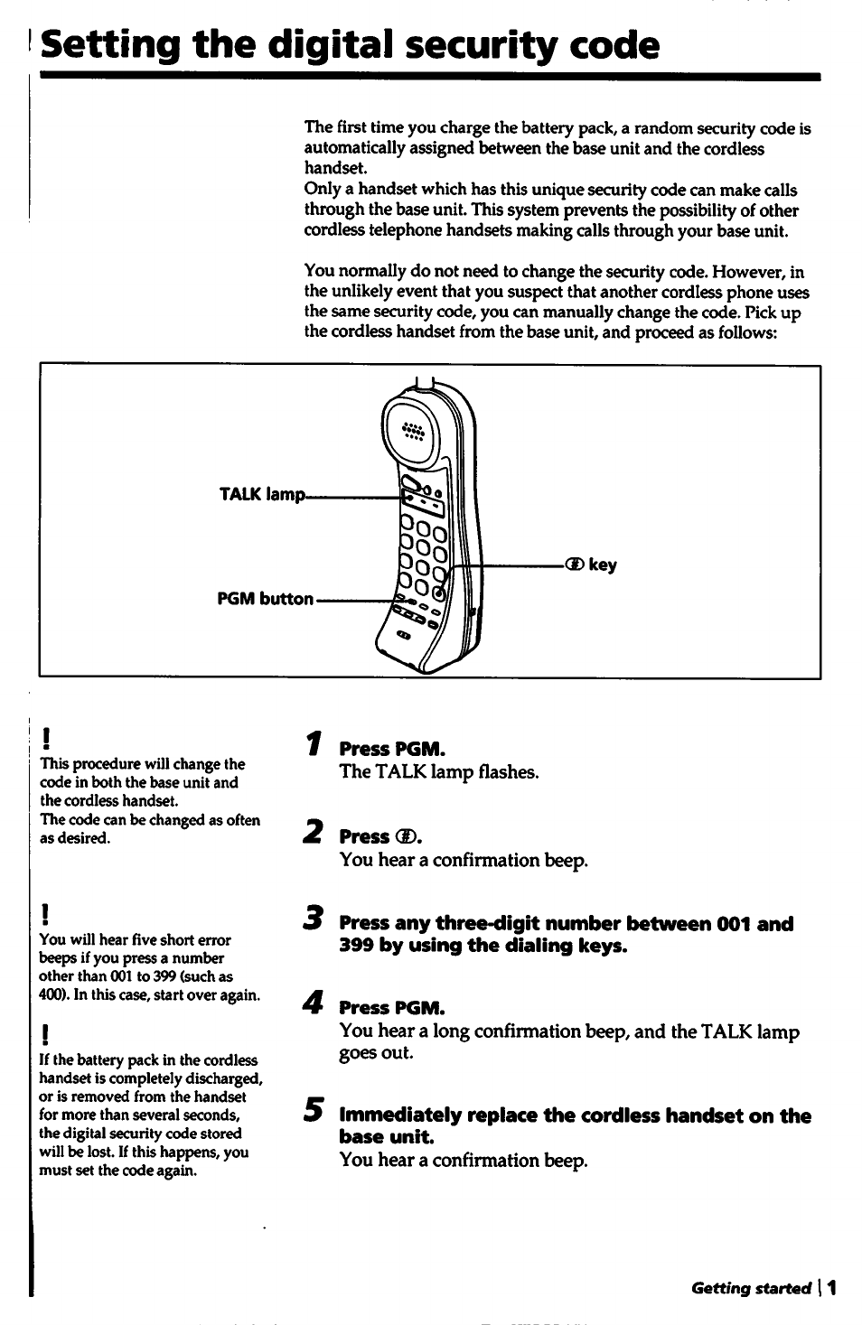 Setting the digital security code, 1 press pgm, 2 press <d | 4 press pgm | Sony SPP-1000 User Manual | Page 17 / 55