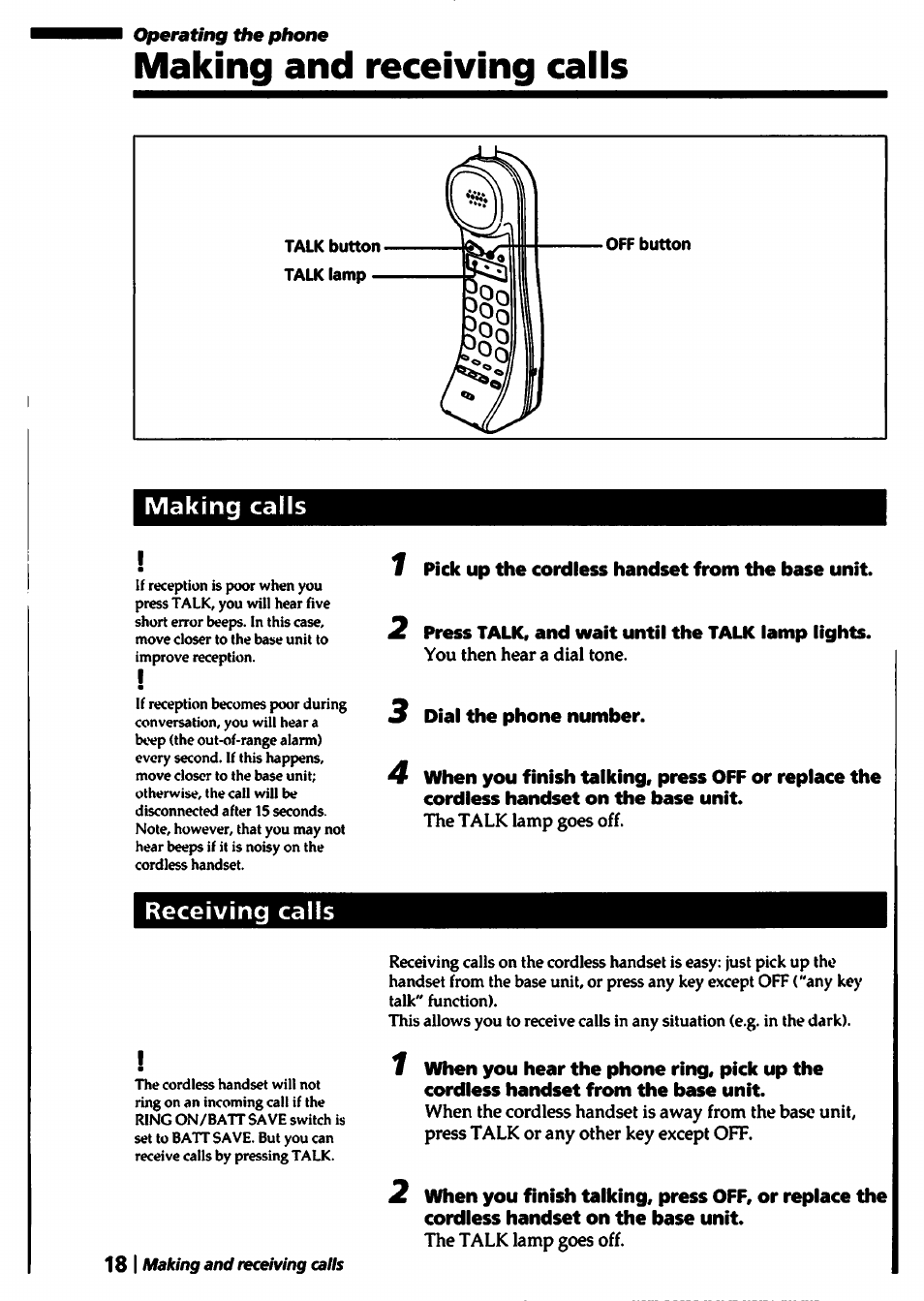 Making and receiving caiis, Making calls, Receiving calls | 1 pick up the cordless handset from the base unit, 2 press talk, and wait until the talk lamp lights, 3 dial the phone number | Sony SPP-1000 User Manual | Page 18 / 55