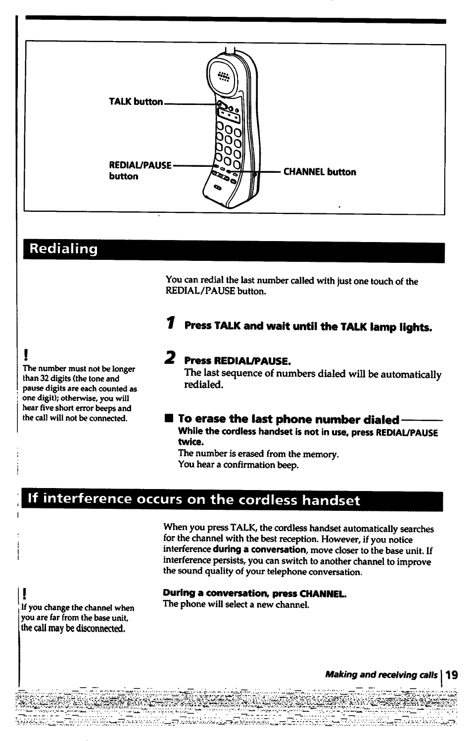 Redialing, 1 press talk and wait until the talk lamp lights, 2 press redial/pause | To erase the last phone number dialed, If interference occurs on the cordless handset, During a conversation, press channel | Sony SPP-1000 User Manual | Page 19 / 55