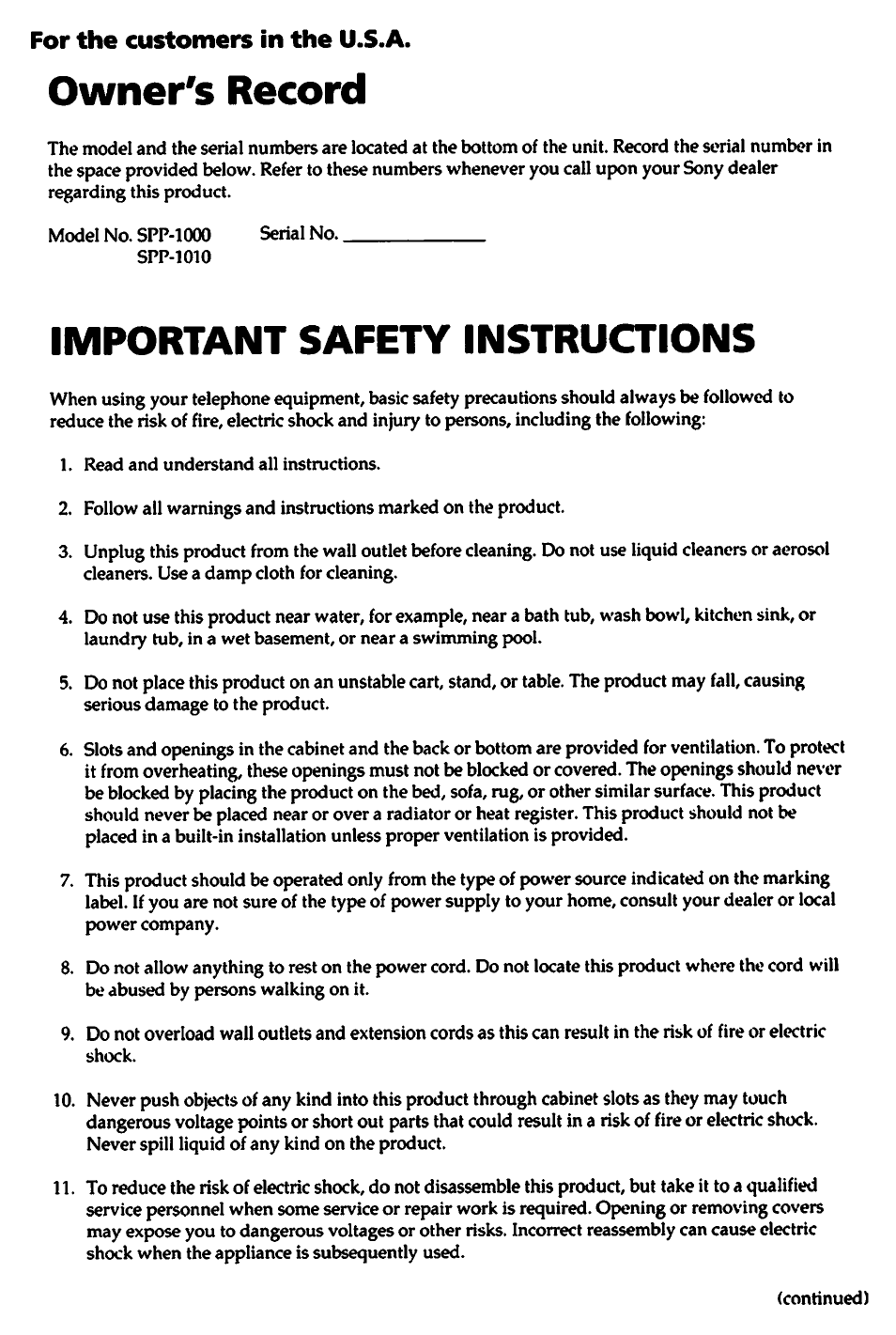 Owner's record, Important safety instructions | Sony SPP-1000 User Manual | Page 2 / 55